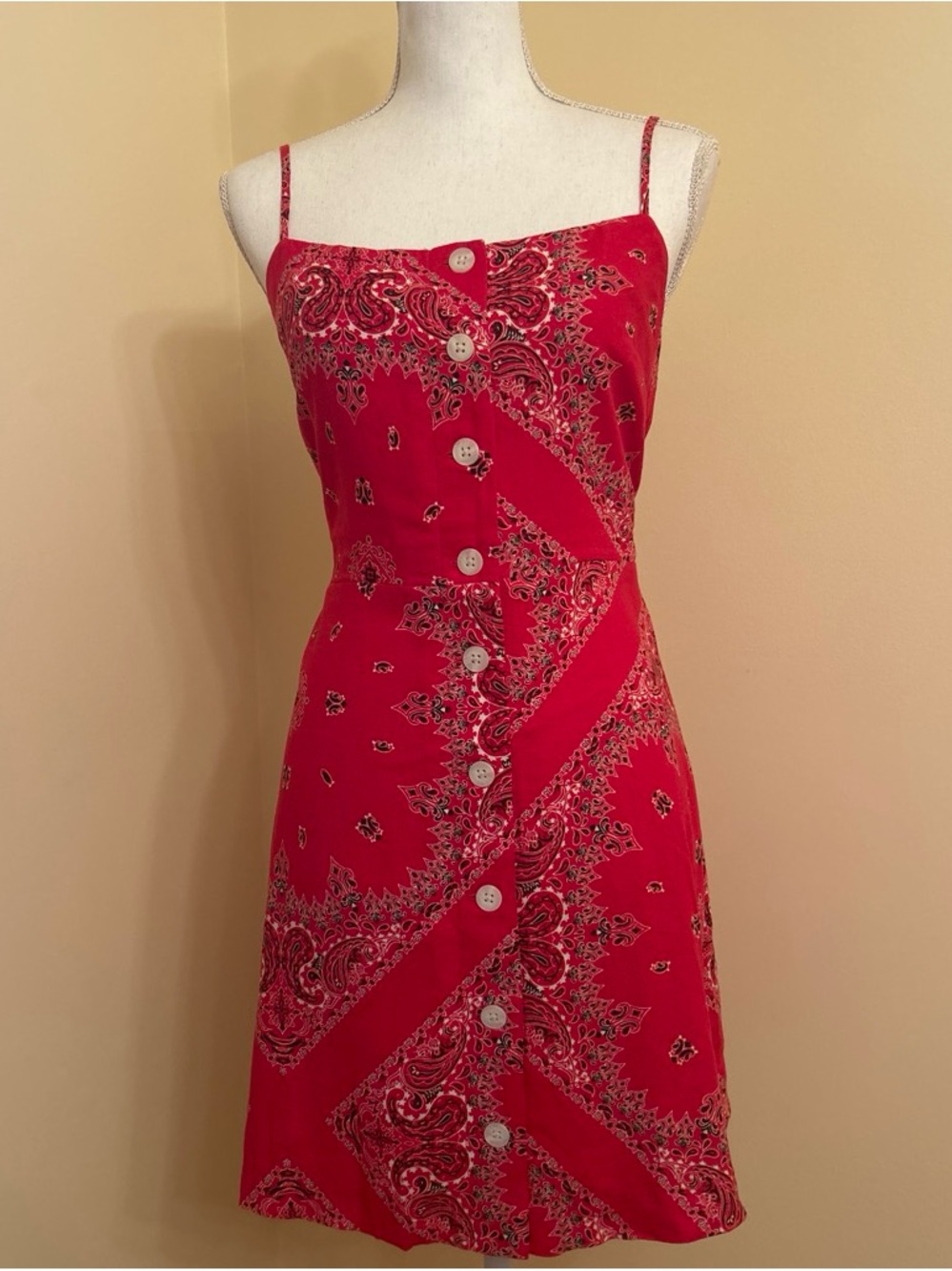 NWT GAP Linen-Blend Tie-Back Mini Dress; Size M; Red Bandana Print